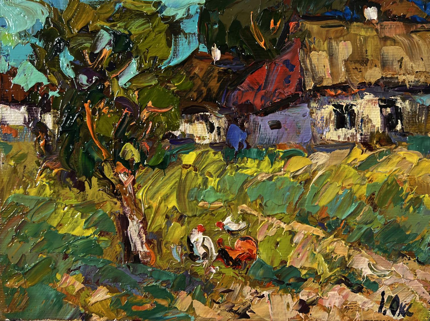 Vibrant impressionist oil painting by Oksana Ivanyuk: chickens in lush village yard