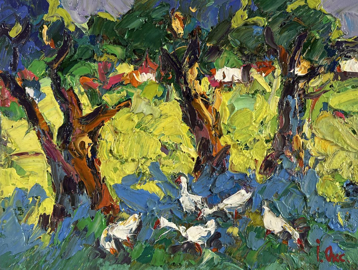 Vibrant impressionist oil painting of white ducks with red beaks in lush foliage by Oksana Ivanyuk