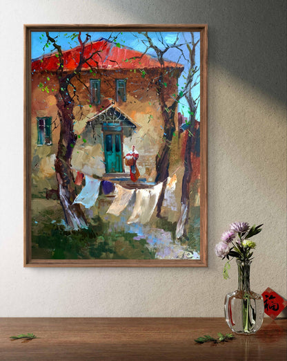 Framed oil painting A light breeze in the yard by Yuriy Suprunchuk