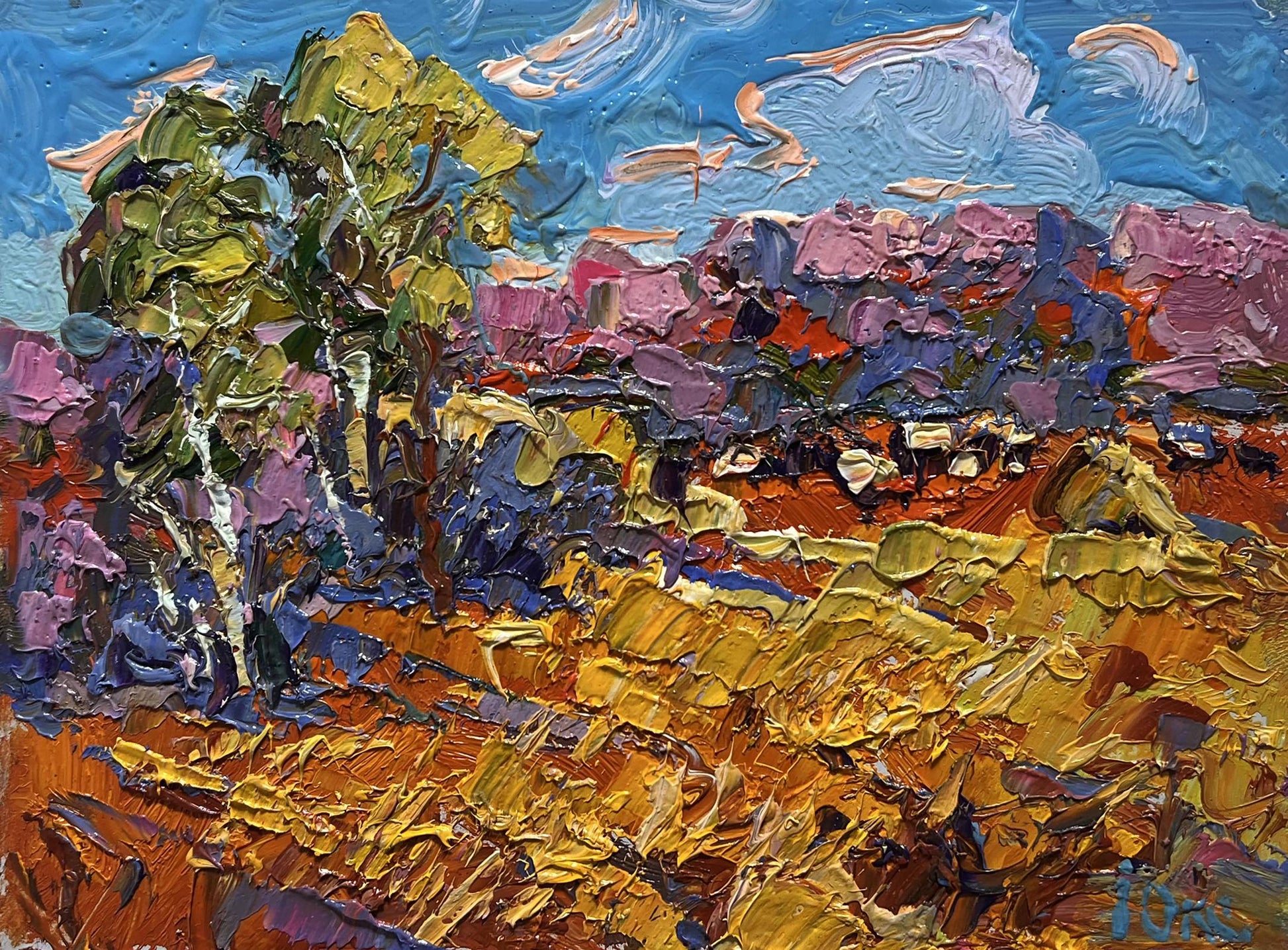 Vibrant impressionist oil painting Golden autumn field by Oksana Ivanyuk