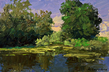 Impressionistic oil painting of lush green trees near pond by Boris Serdyuk