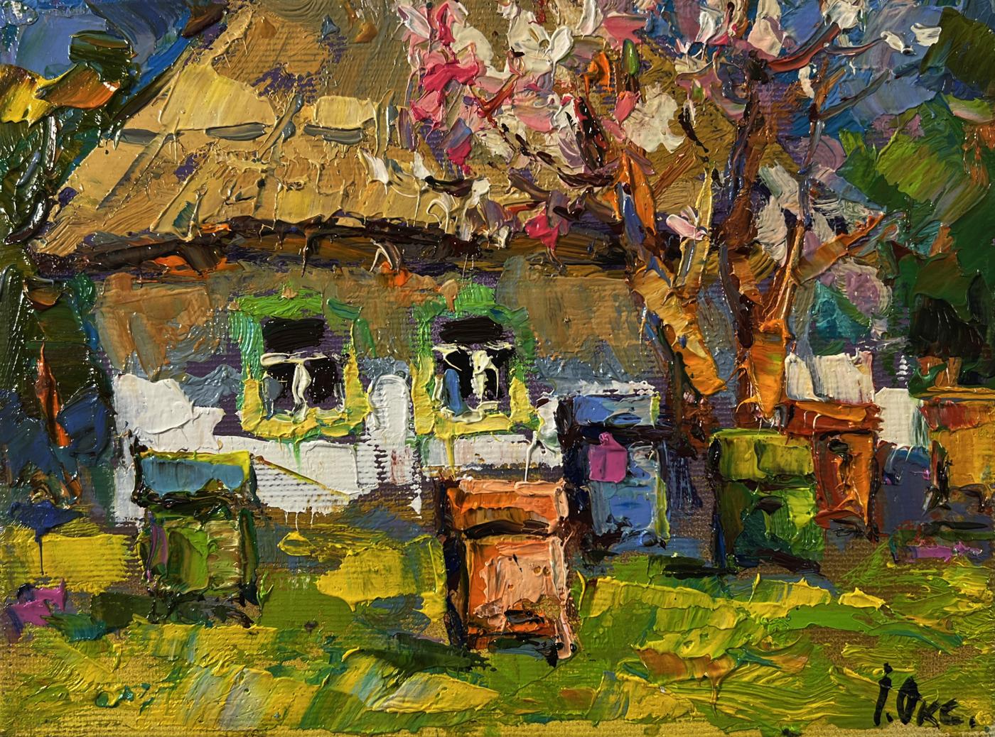Vibrant impressionist oil painting of Oksana Ivanyuk village house cottage