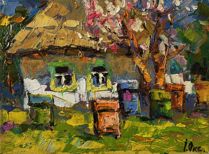 Vibrant impressionist oil painting of Oksana Ivanyuk village house cottage