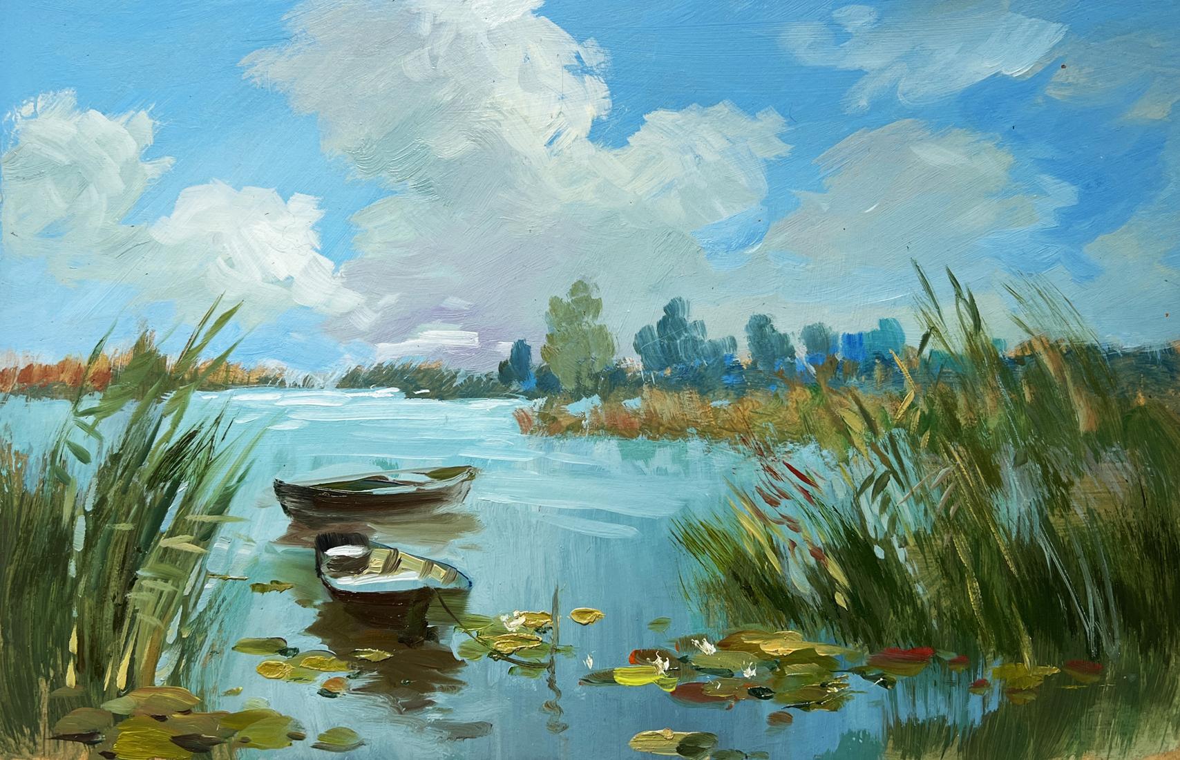 Oil painting by Yuriy Suprunchuk: rowboats on calm water with reeds, lily pads