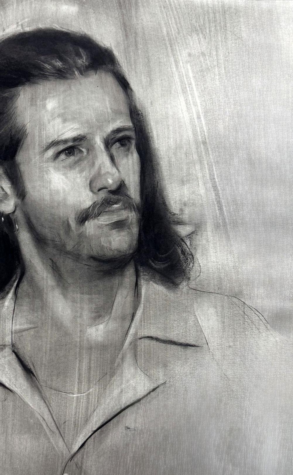 Detailed grayscale charcoal portrait sketch of Alessio Annam Butt