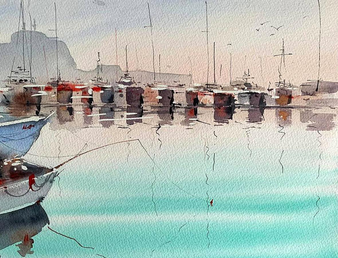Watercolor painting Dock with Boats Olena Klimenko