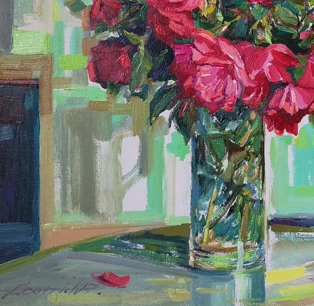 Oil painting of vibrant deep pink roses by Leonid Pavlenko