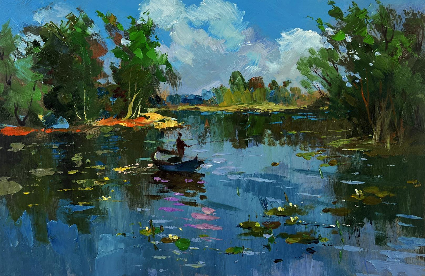 Serene oil painting of dark blue rowboat on calm river by Yuriy Suprunchuk