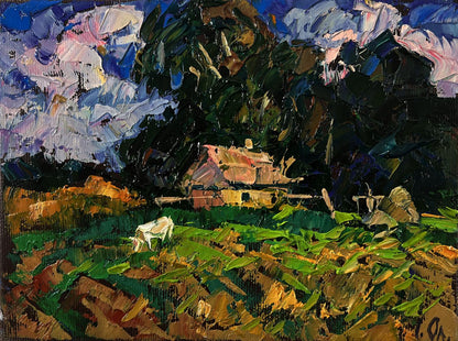 Rustic impressionistic oil painting of lonely house in field by Oleksiy Ivanyuk