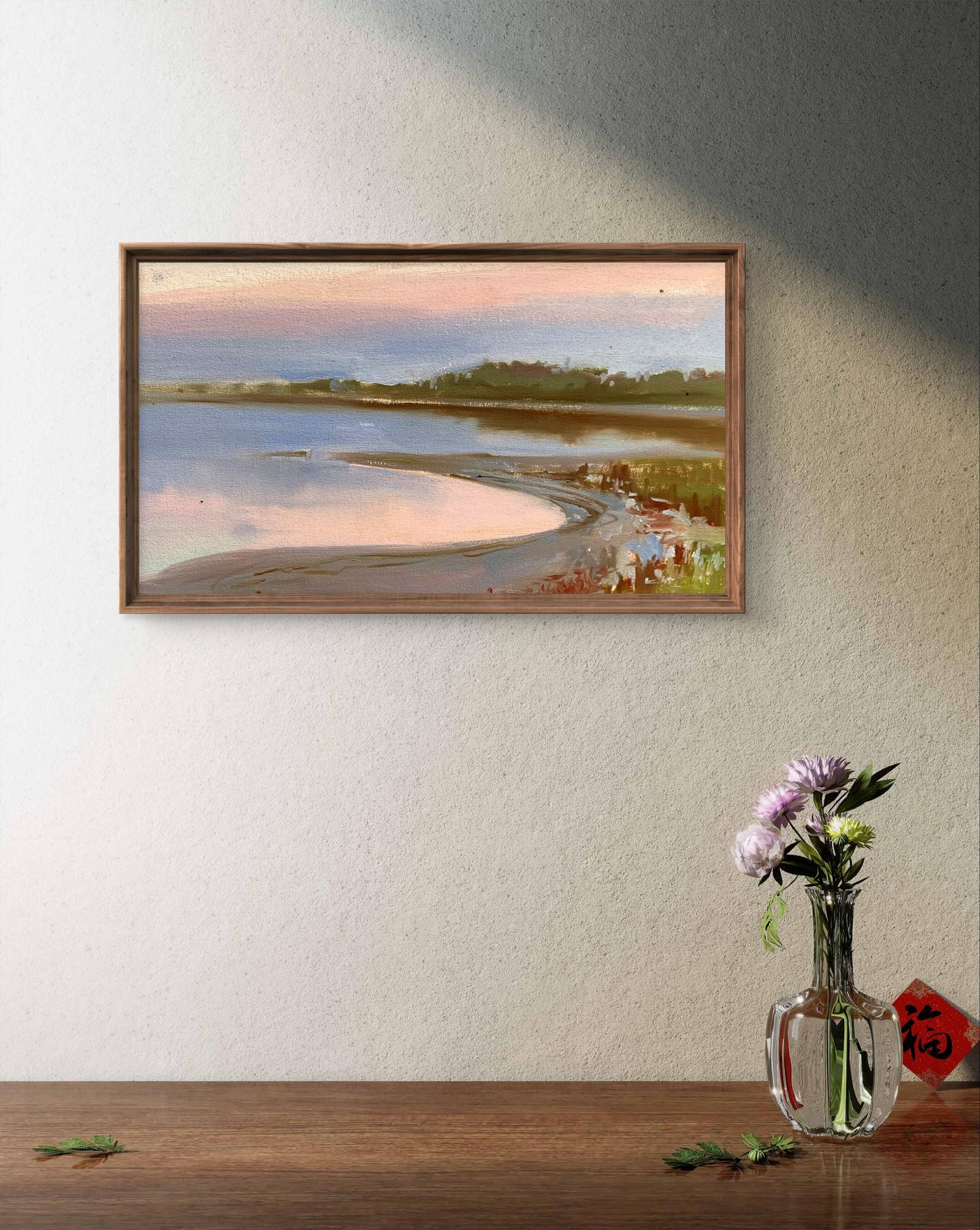 Oil painting Flooded river bank by Tatyana Derdey serene coastal landscape