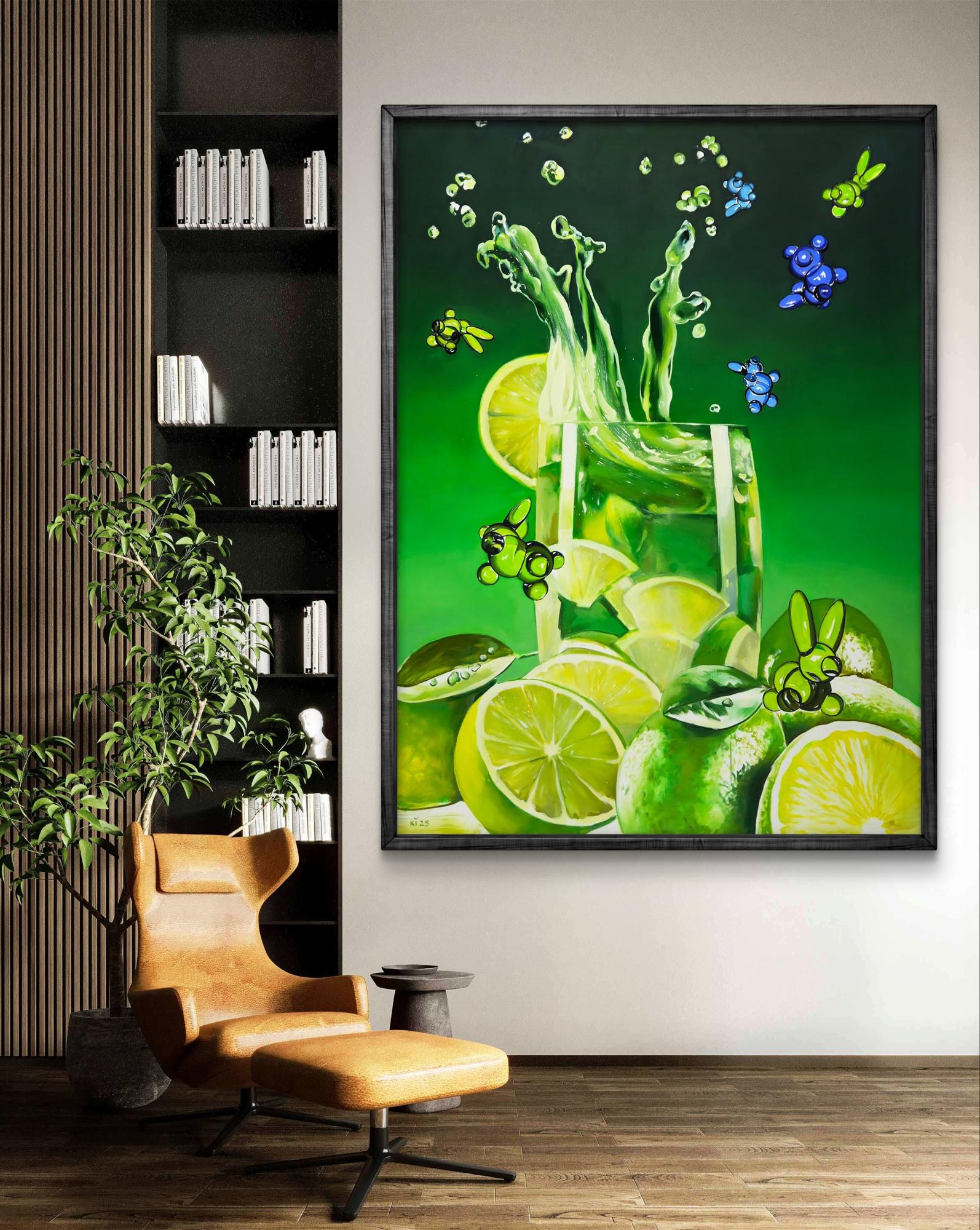 Vibrant green oil painting of limeade splash with cartoon characters by Igor Konovalov, framed