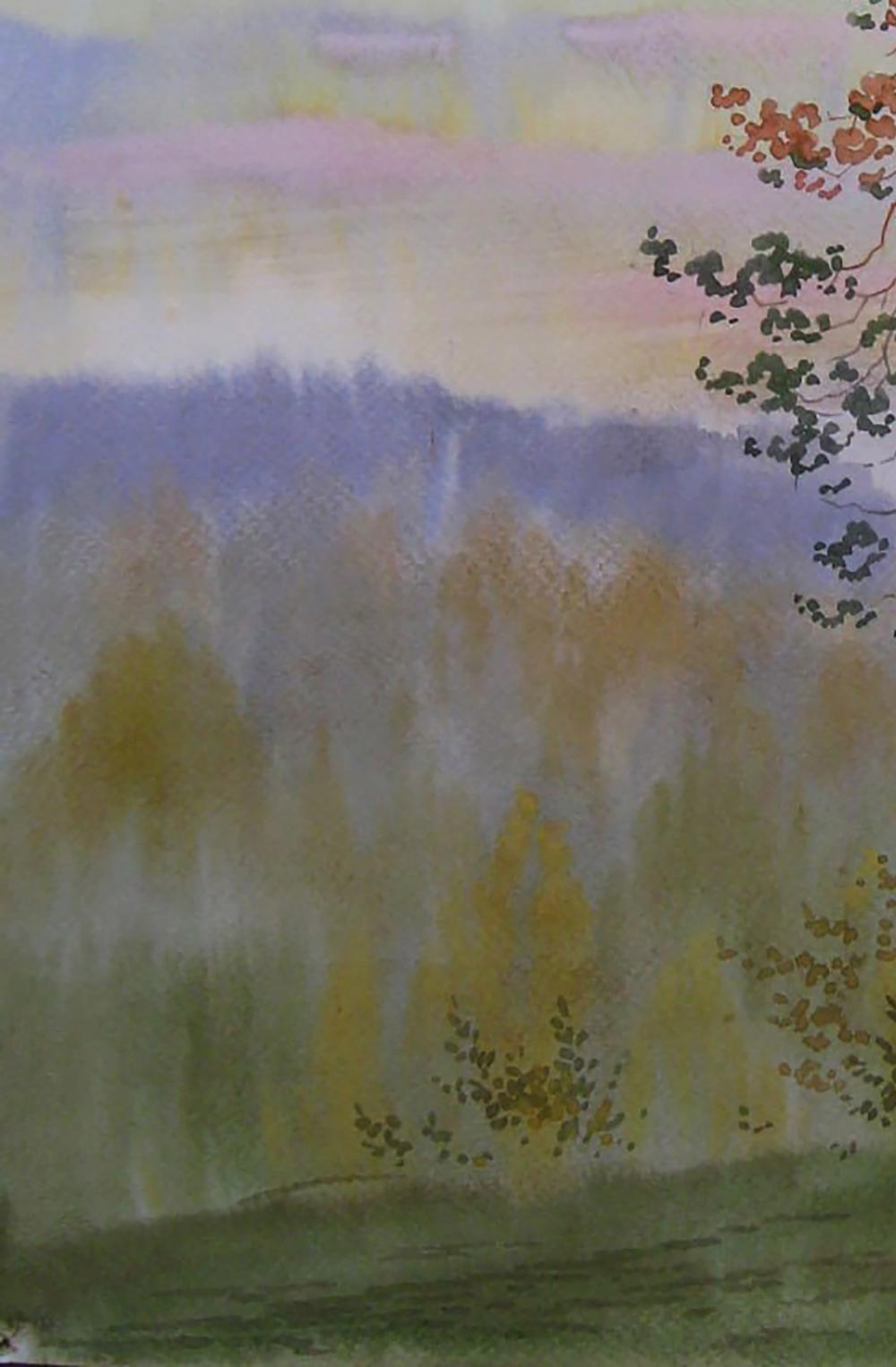 Watercolor Evening Forest by Valery Savenets: misty hills, autumn trees