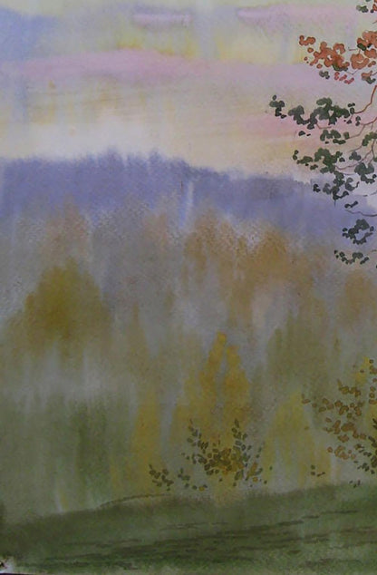 Watercolor Evening Forest by Valery Savenets: misty hills, autumn trees