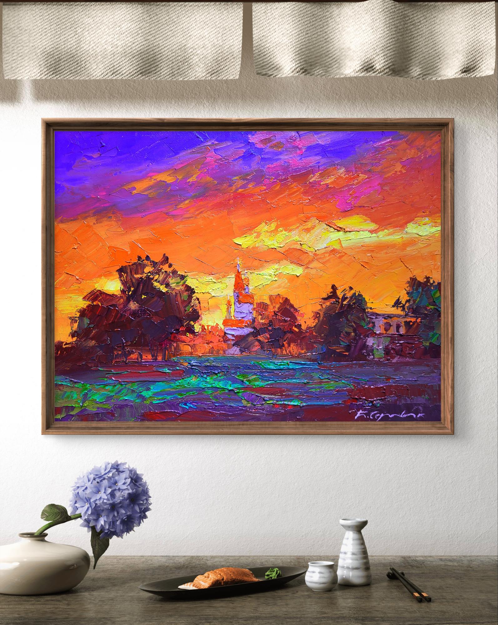 Oil painting Evening Boris Serdyuk: vibrant impressionist sunset over water