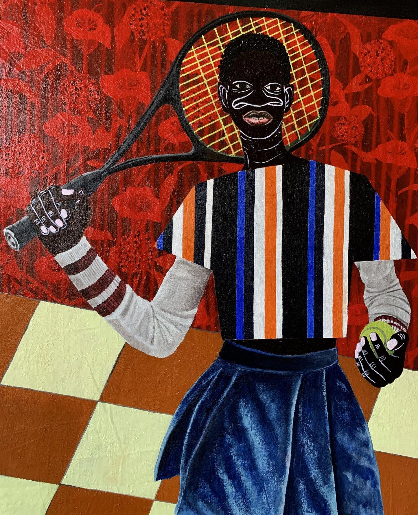 Acrylic painting Focus on the Goal by Akintomide Akinshola with figure holding tennis racket
