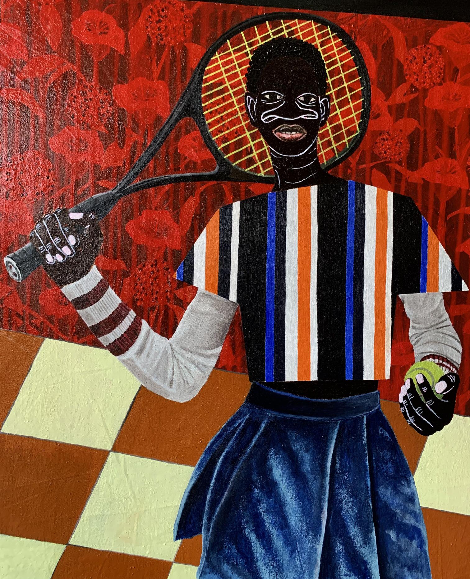 Acrylic painting Focus on the Goal by Akintomide Akinshola with figure holding tennis racket