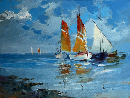 Vibrant oil painting On a Journey by Sea by Yuriy Suprunchuk, sailboats on blue sea