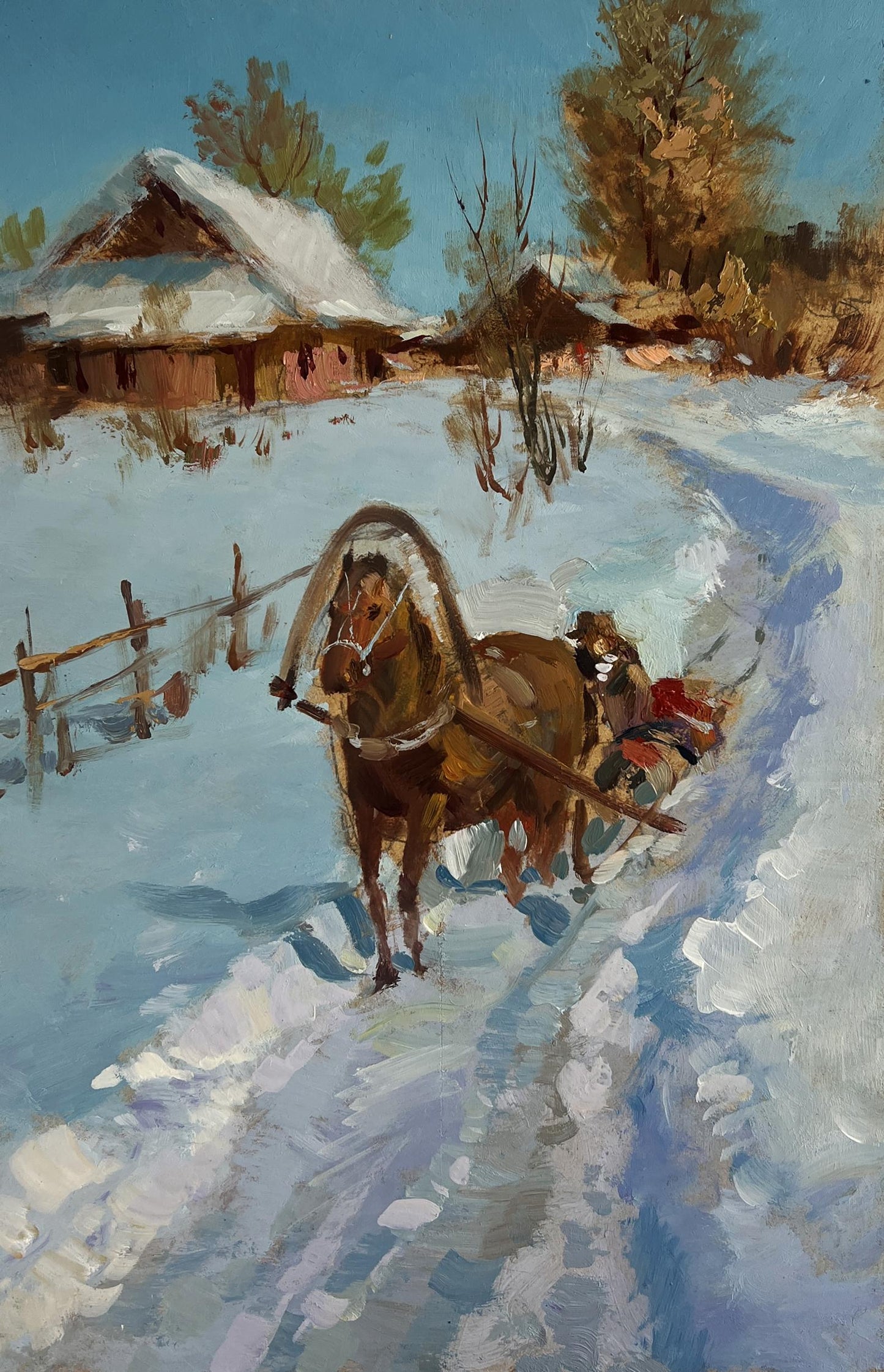 Oil painting of brown horse pulling sled on snowy village road by Yuriy Suprunchuk