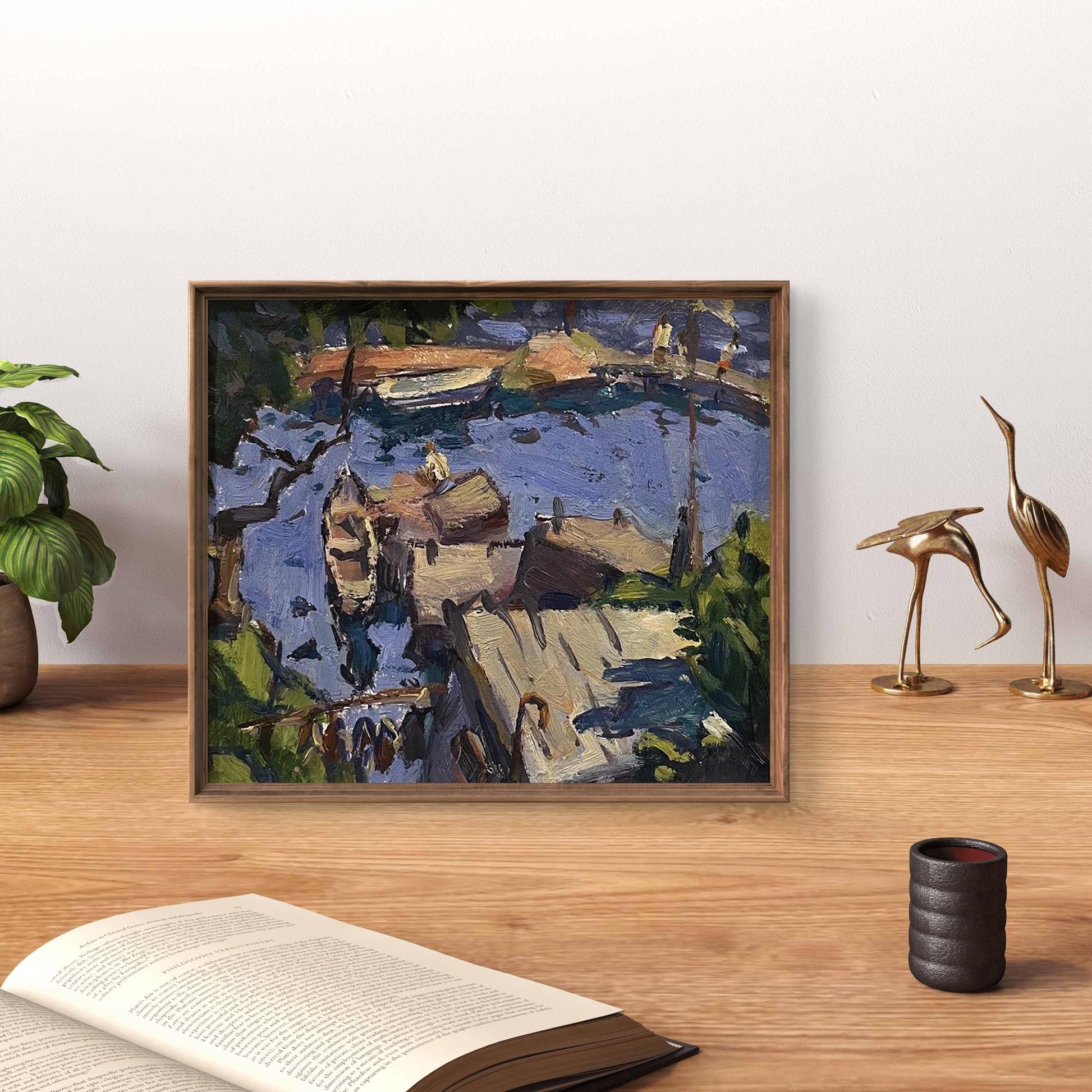 Framed impressionist oil painting of city pier by Oleksandr Andreev
