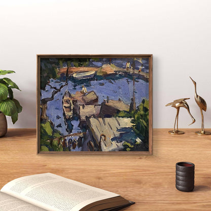 Framed impressionist oil painting of city pier by Oleksandr Andreev
