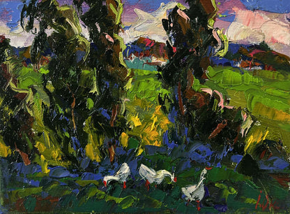 Oil painting Geese under the trees by Oksana Ivanyuk