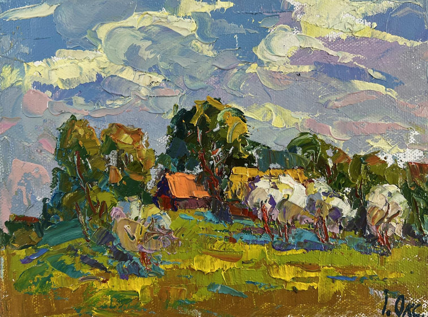 Vibrant impressionist oil painting by Oksana Ivanyuk of pastoral scene with colorful clouds