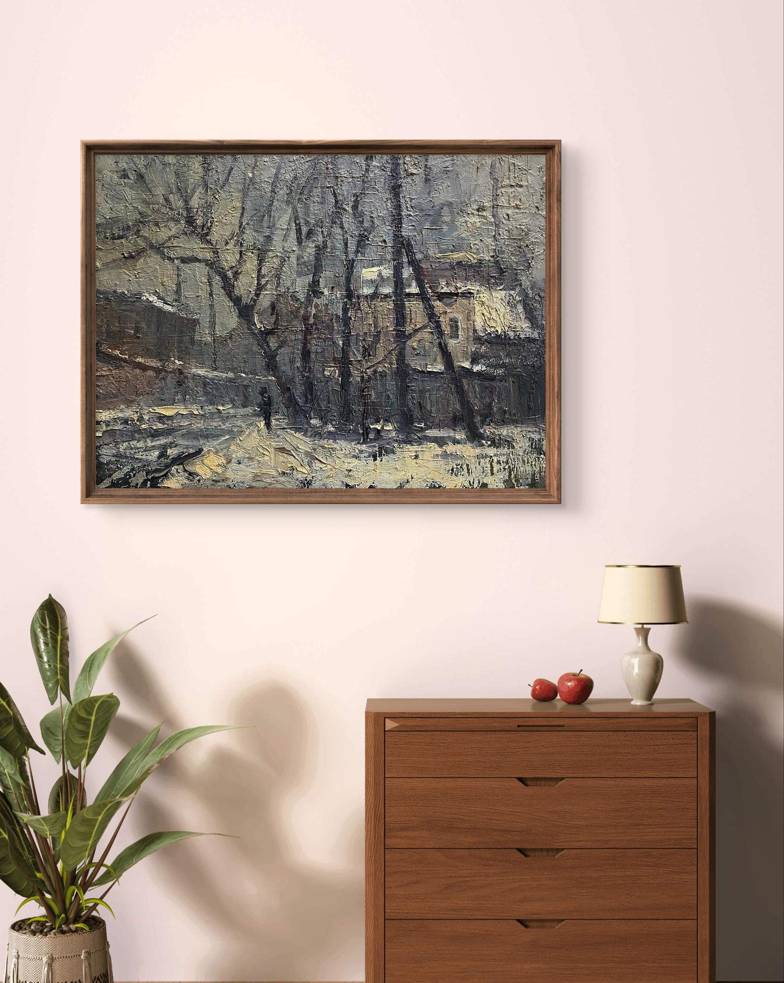 Oil painting To the river Volodymyr Pashchenko snowy landscape in frame