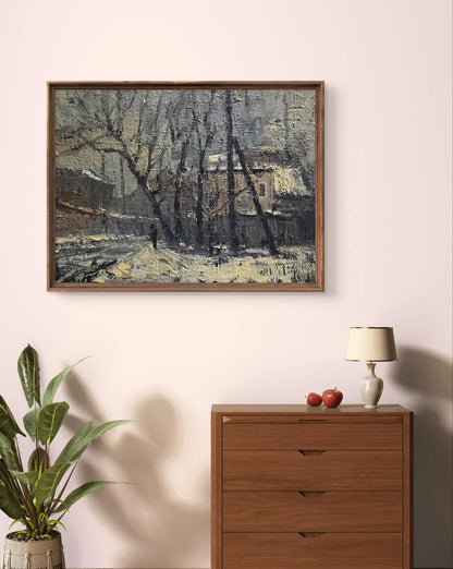 Oil painting To the river Volodymyr Pashchenko snowy landscape in frame
