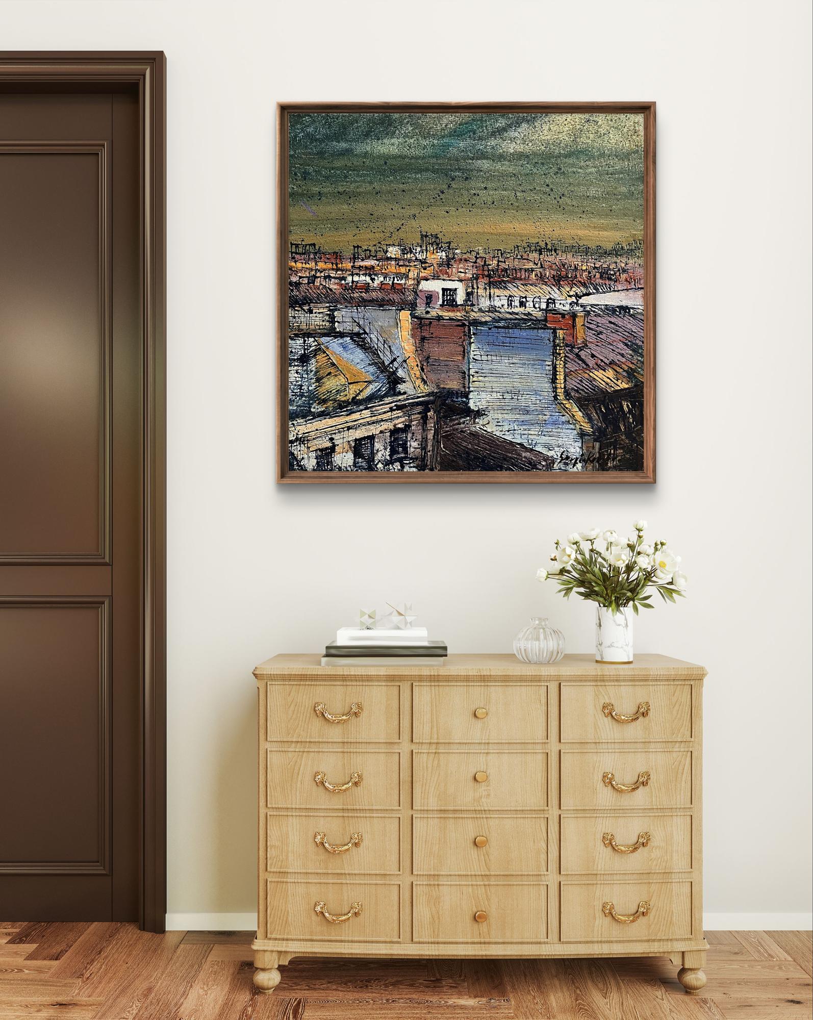 Oil painting Above the City by Serhiy Kovalev above light wood dresser