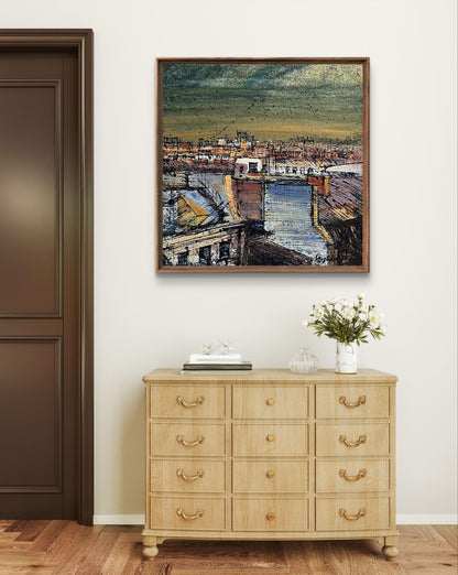 Oil painting Above the City by Serhiy Kovalev above light wood dresser