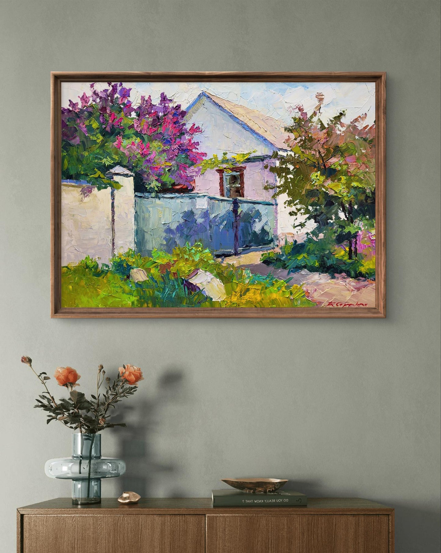 Oil painting Lilac bush by Boris Serdyuk in wooden frame