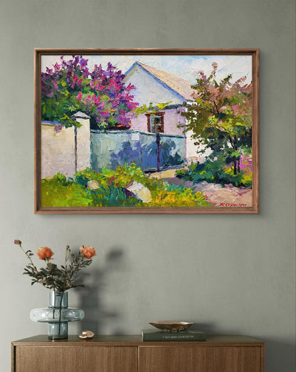 Oil painting Lilac bush by Boris Serdyuk in wooden frame