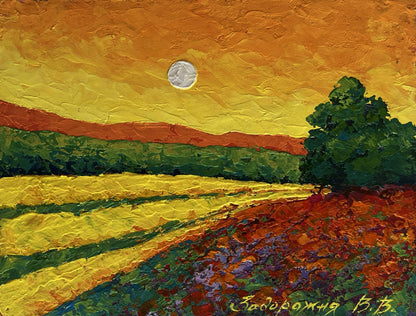 Oil painting Summer silence with sunset by V. Zadorozhnya vibrant sunset fields moon