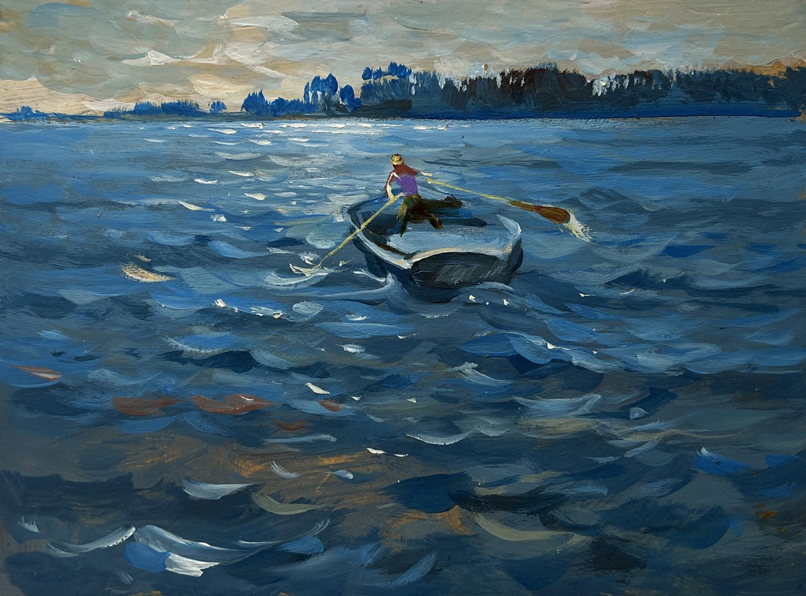 Oil painting In the Evening in a Boat by Yuriy Suprunchuk: solitary rower on turbulent waters