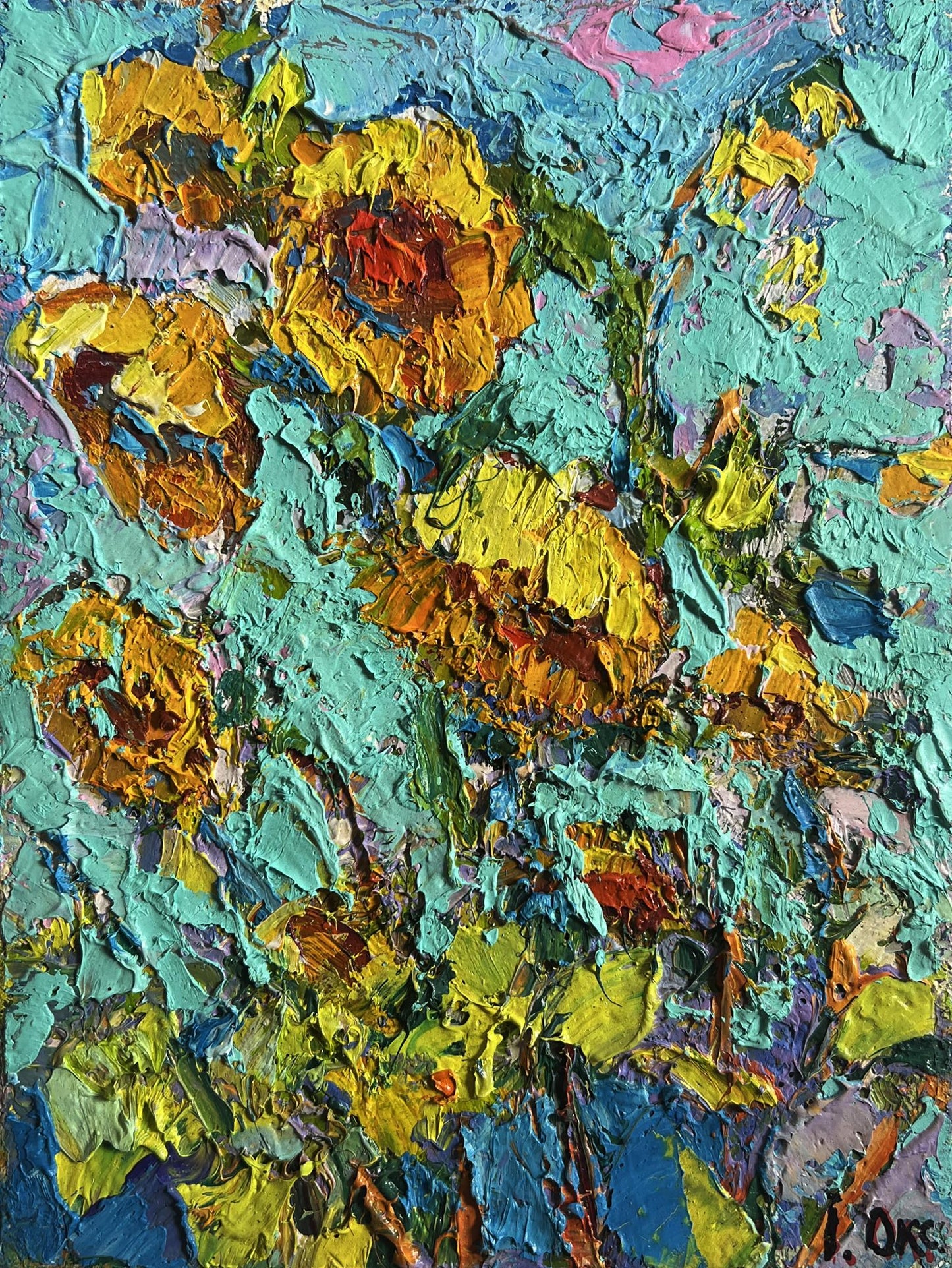 Vibrant yellow sunflowers in field oil painting by Oksana Ivanyuk
