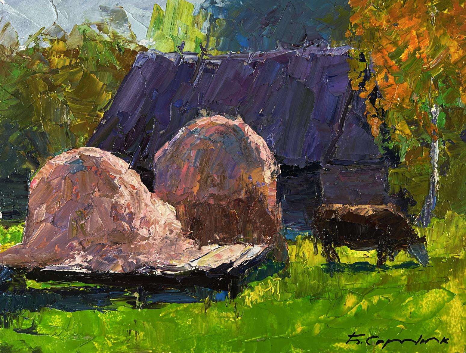 Oil painting of lonely cow by Boris Serdyuk with hay bales under purple roof