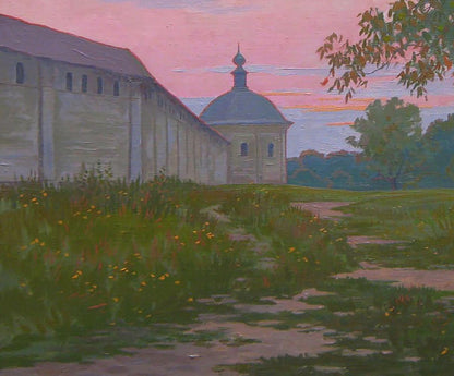 Oil painting by Valery Savenets: pink sunset over white church with blue dome
