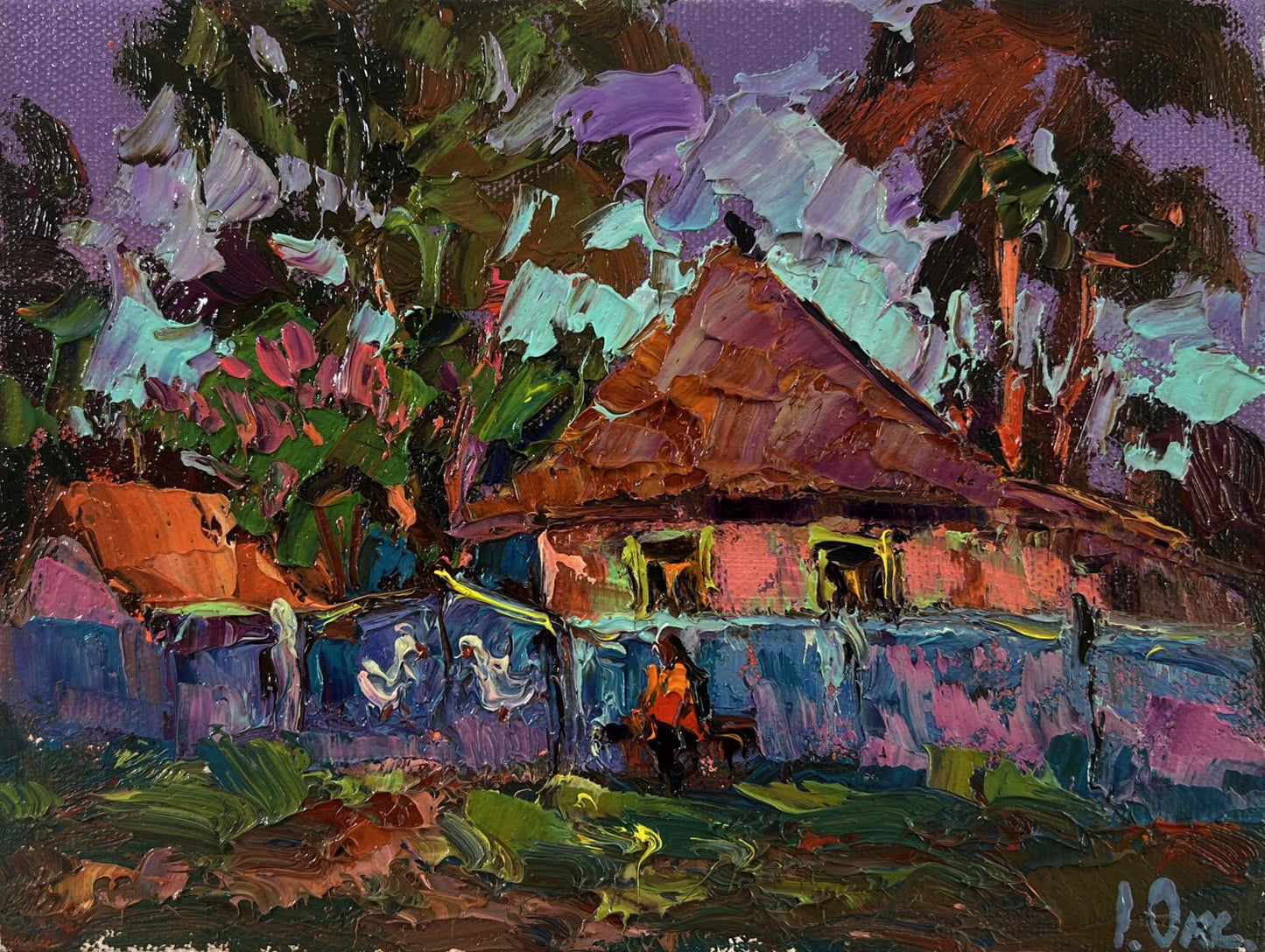 Vibrant impressionist oil painting Rural evening in the yard by Oksana Ivanyuk