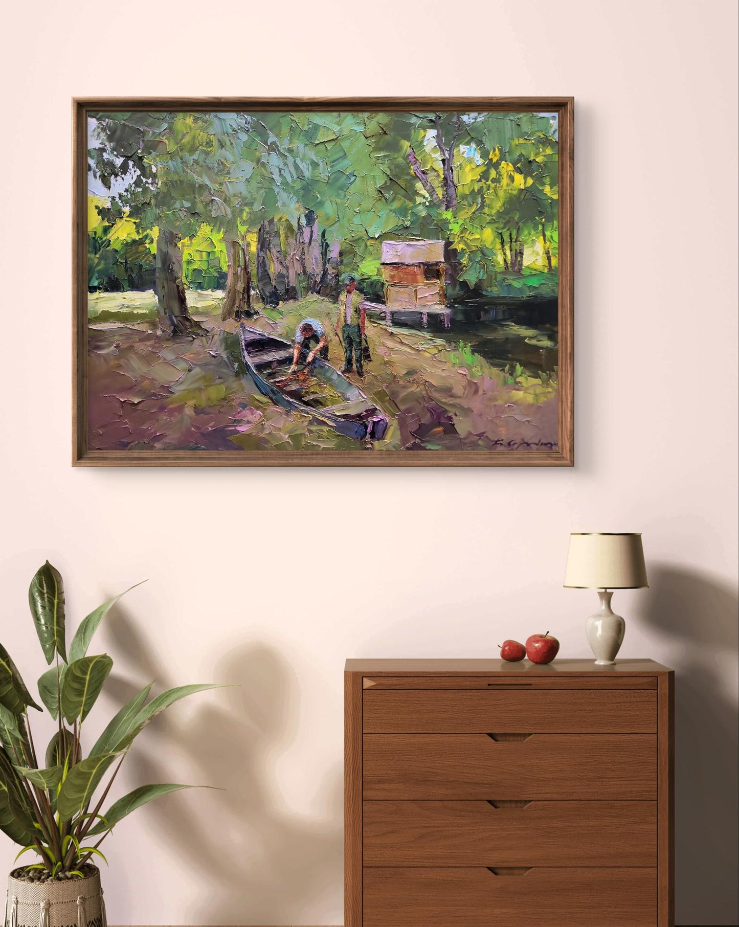 Oil painting by Boris Serdyuk: boat near shore with two figures under green trees