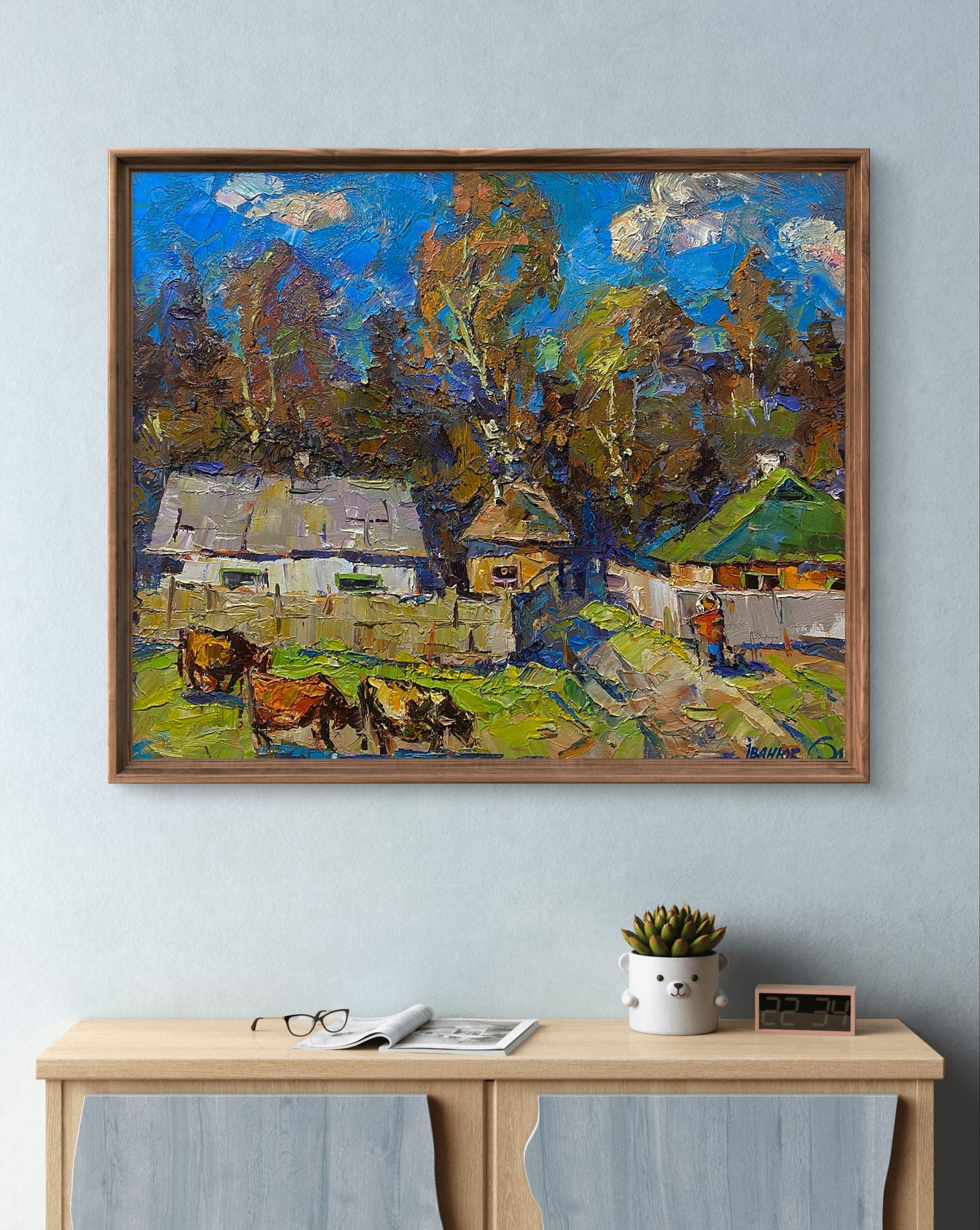 Oil painting Early autumn in the village by Oleksiy Ivanyuk, rustic scene