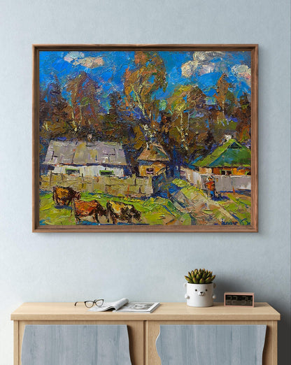 Oil painting Early autumn in the village by Oleksiy Ivanyuk, rustic scene