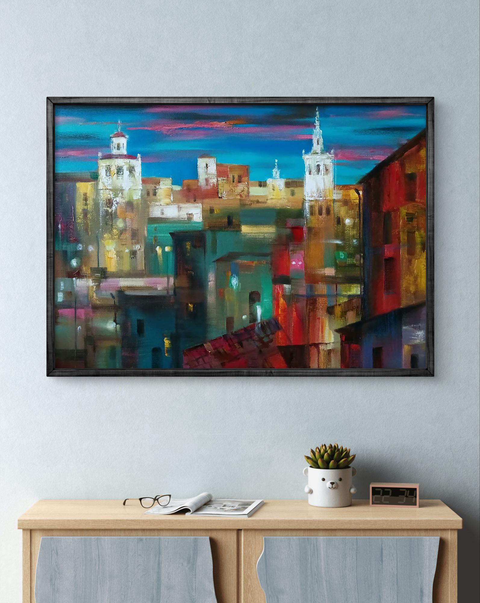 Abstract oil painting Evening city by Anatoly Tarabanov vibrant cityscape