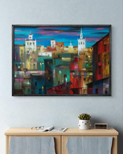 Abstract oil painting Evening city by Anatoly Tarabanov vibrant cityscape