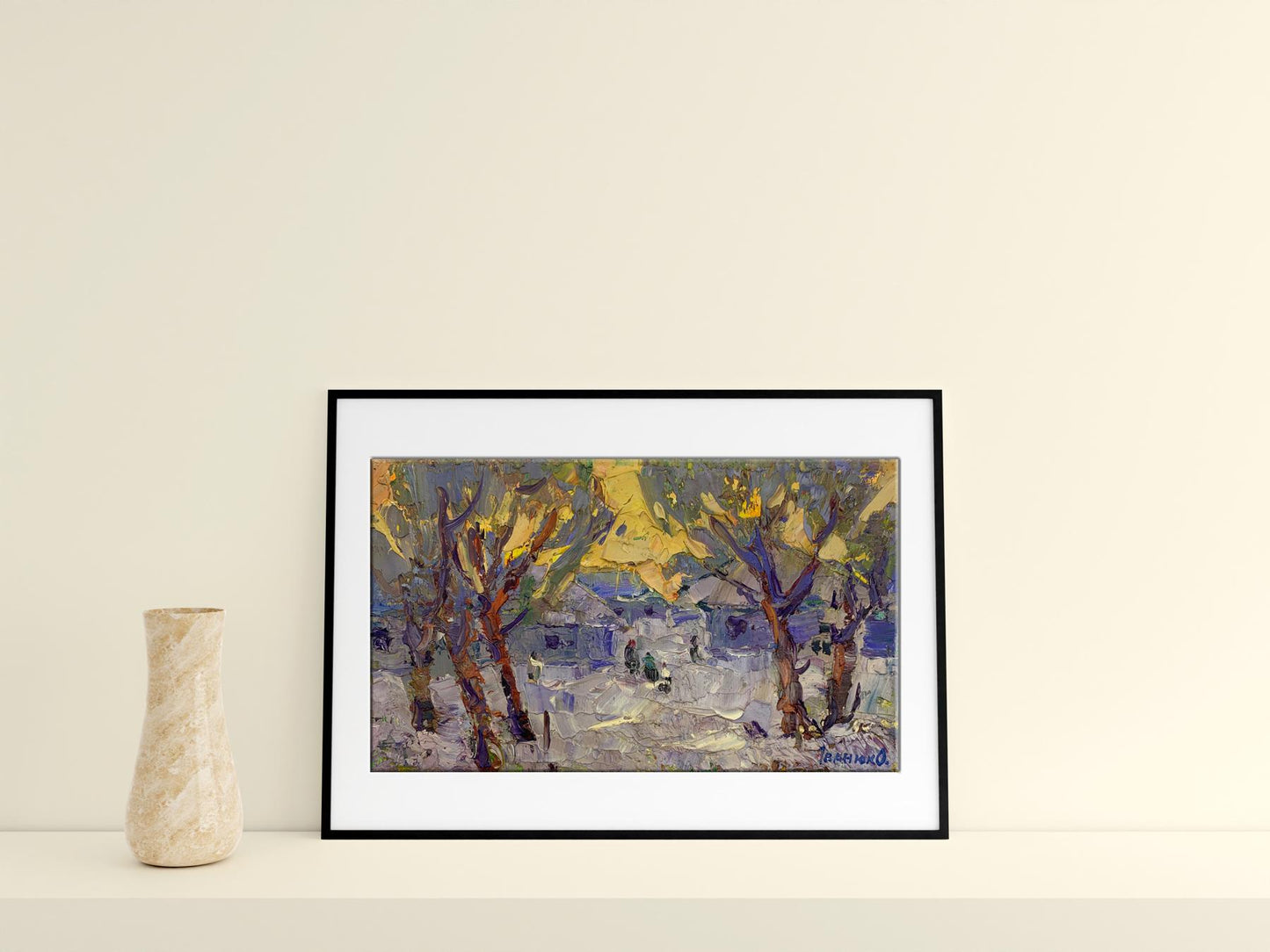 Oil painting winter village 