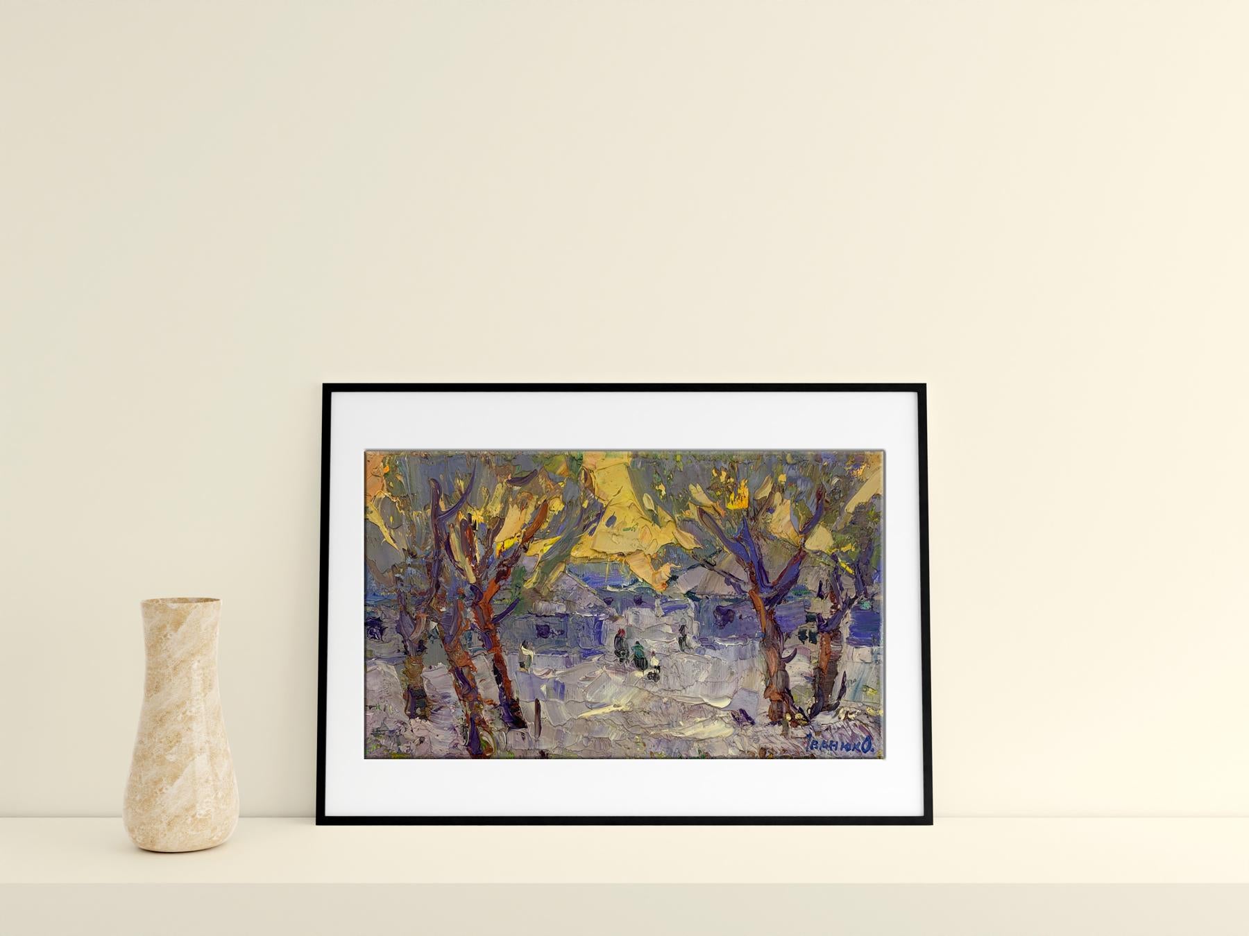 Oil painting winter village 