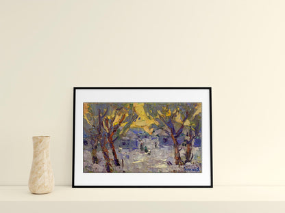 Oil painting winter village 