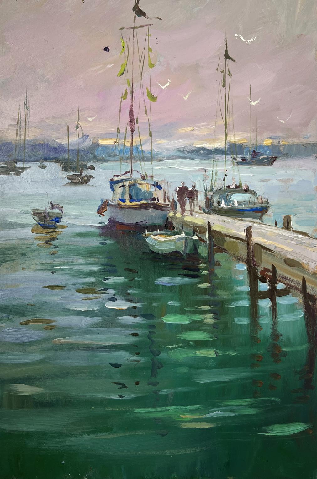 Oil painting Where boats sleep at the pier by Yuriy Suprunchuk serene harbor dusk scene