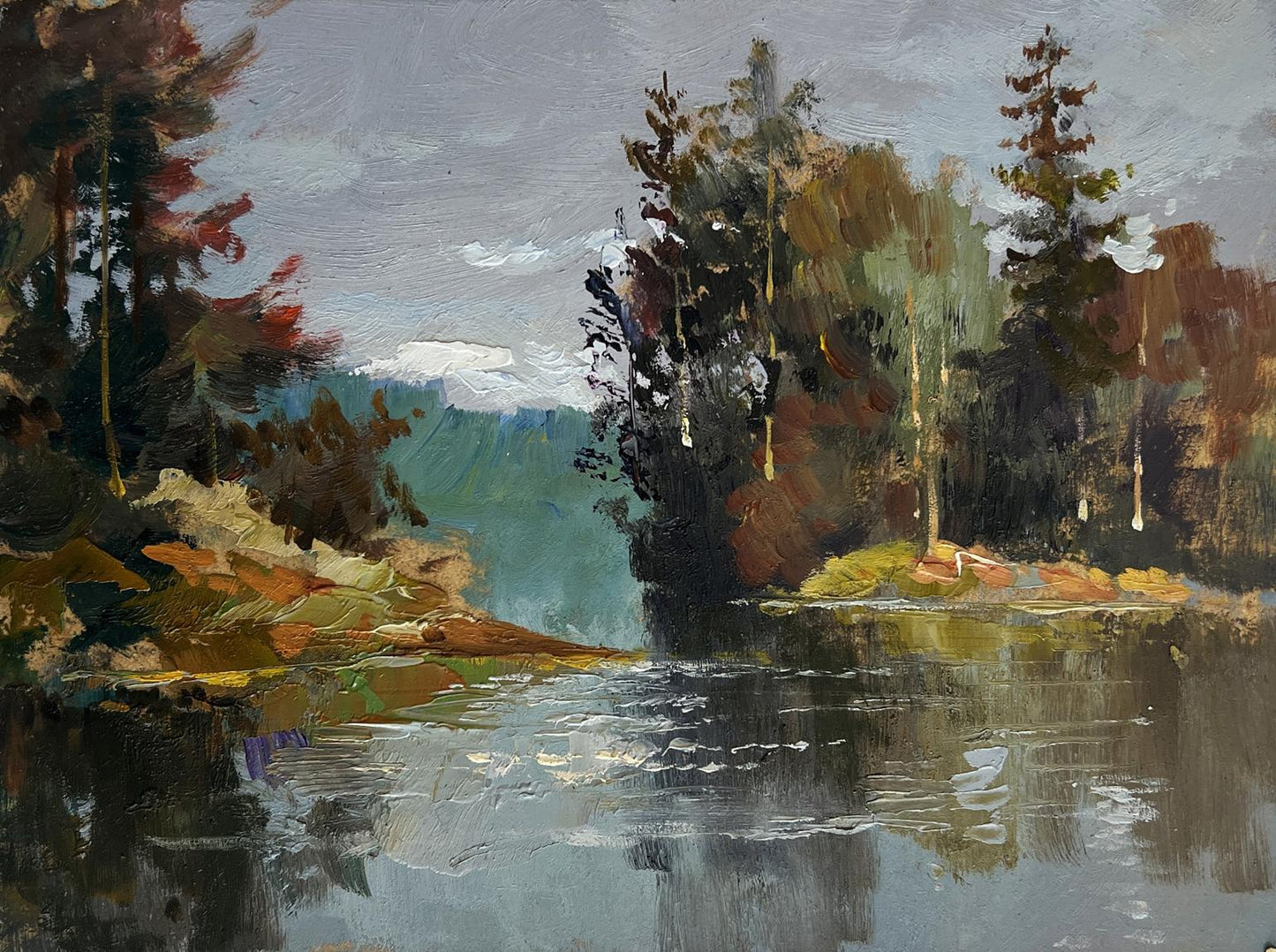 Impressionistic oil painting of autumn river forest by Yuriy Suprunchuk
