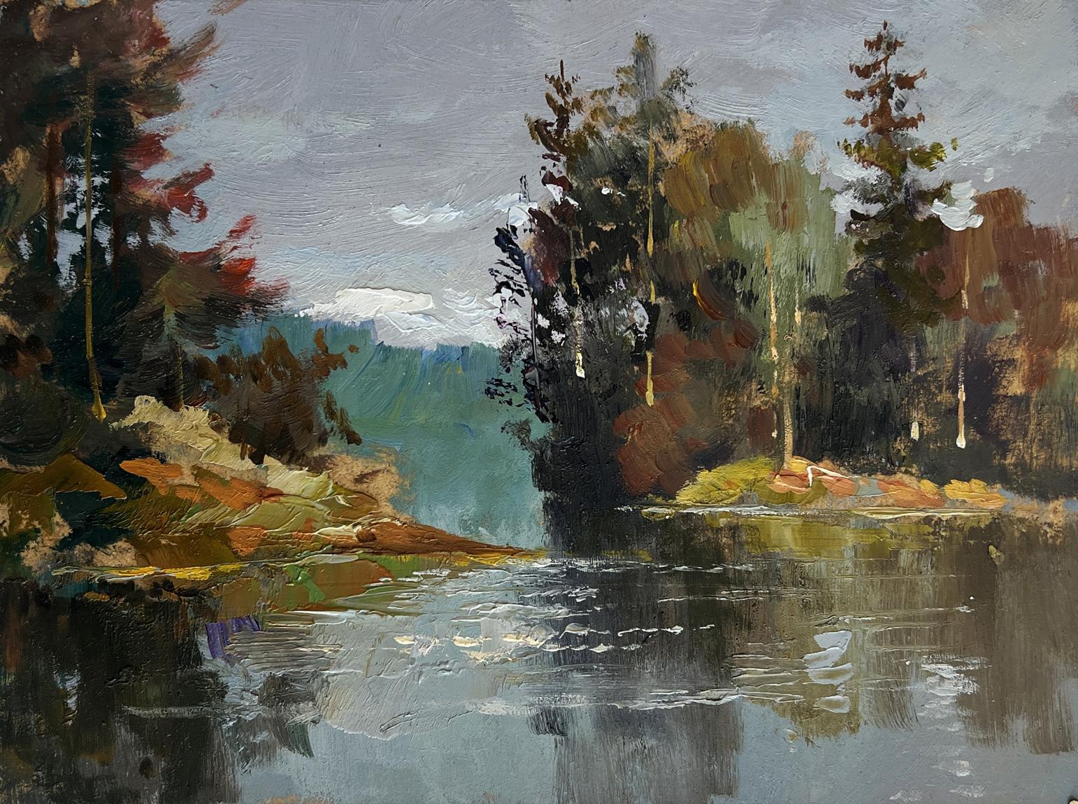 Impressionistic oil painting of autumn river forest by Yuriy Suprunchuk