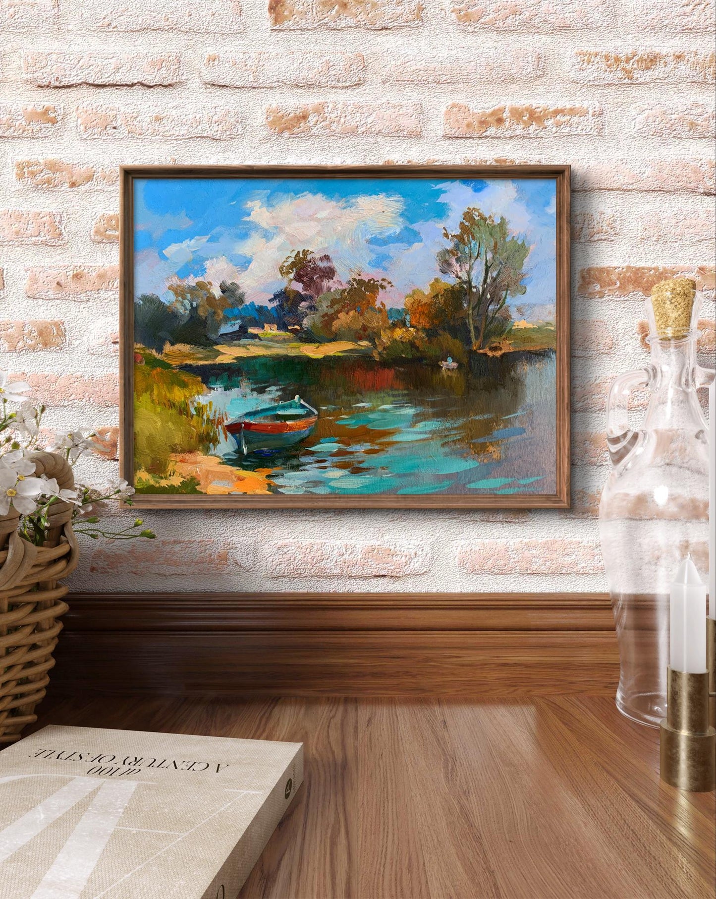 Framed oil painting Preparing for fishing by Yuriy Suprunchuk lakeside scene